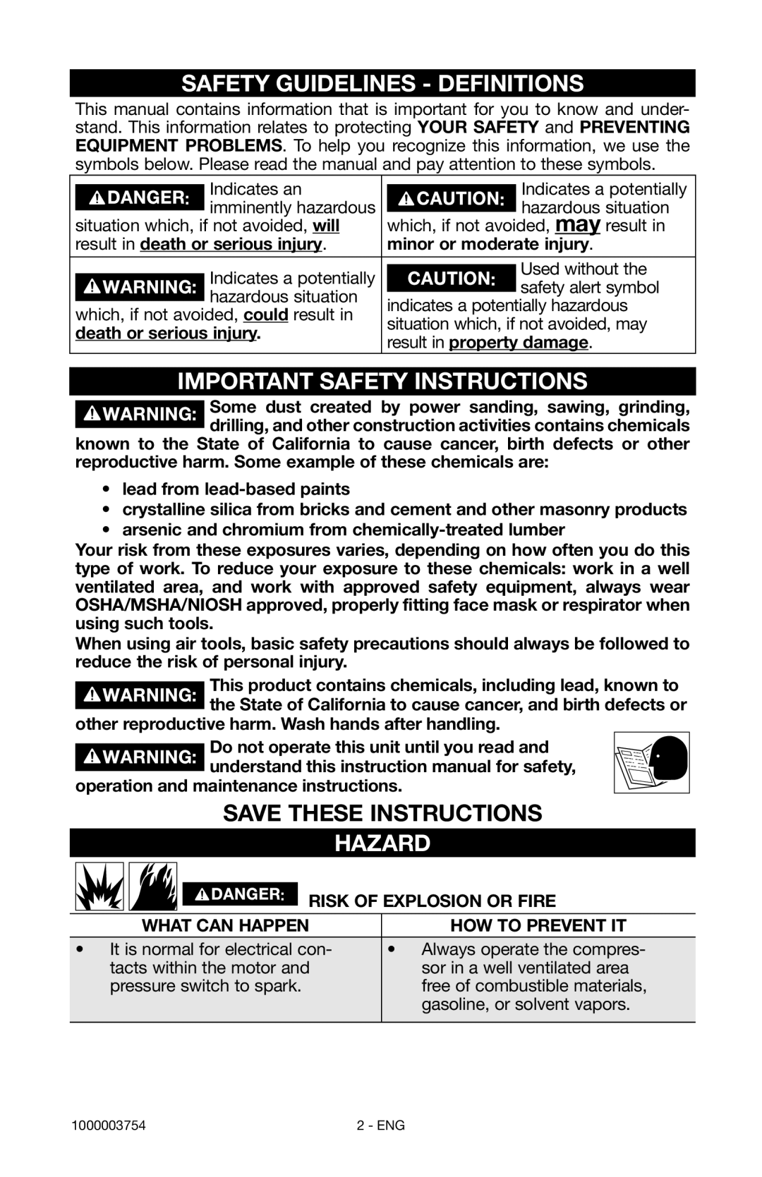 Porter-Cable 1000003754 Safety Guidelines Definitions, Important Safety Instructions, Hazard, Risk of Explosion or Fire 