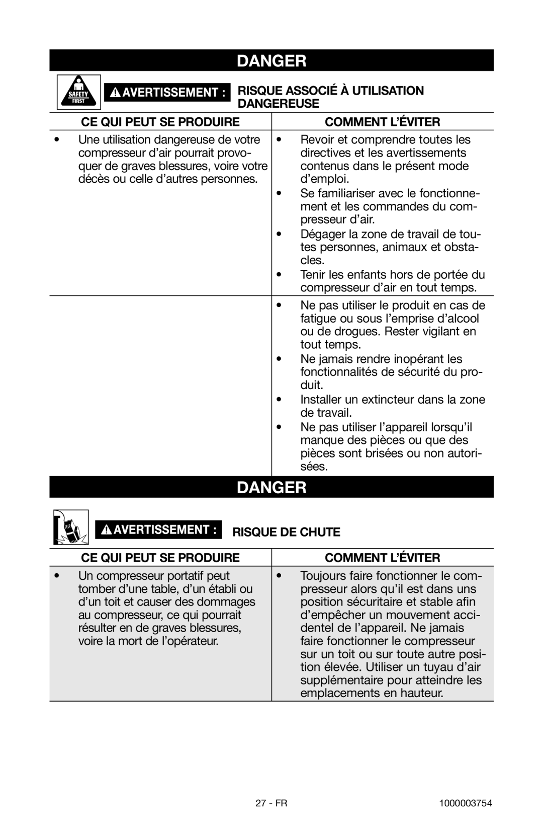 Porter-Cable 1000003754 instruction manual Risque DE Chute 