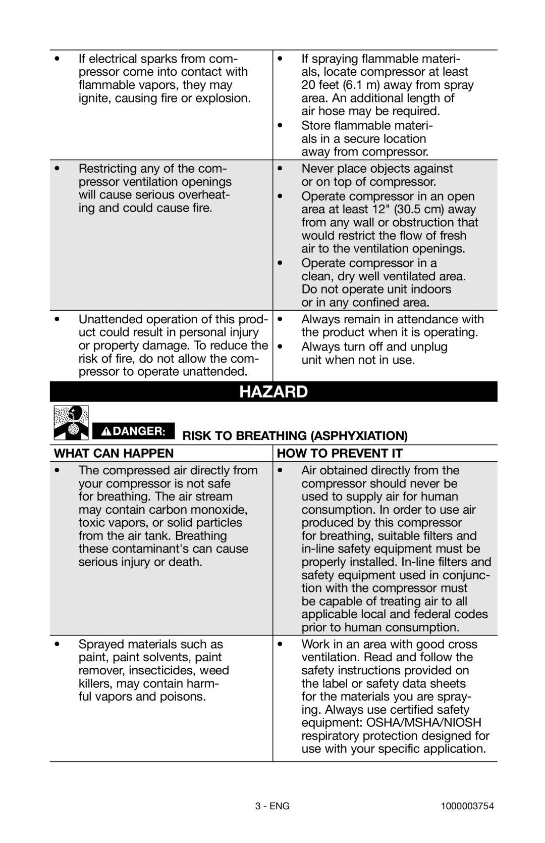 Porter-Cable 1000003754 instruction manual Risk to Breathing Asphyxiation 