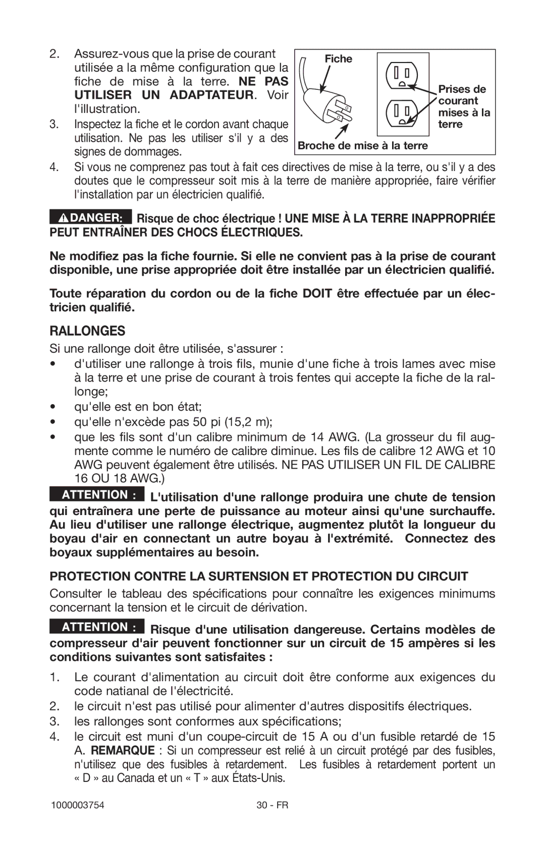 Porter-Cable 1000003754 instruction manual Rallonges, Protection Contre LA Surtension ET Protection DU Circuit 