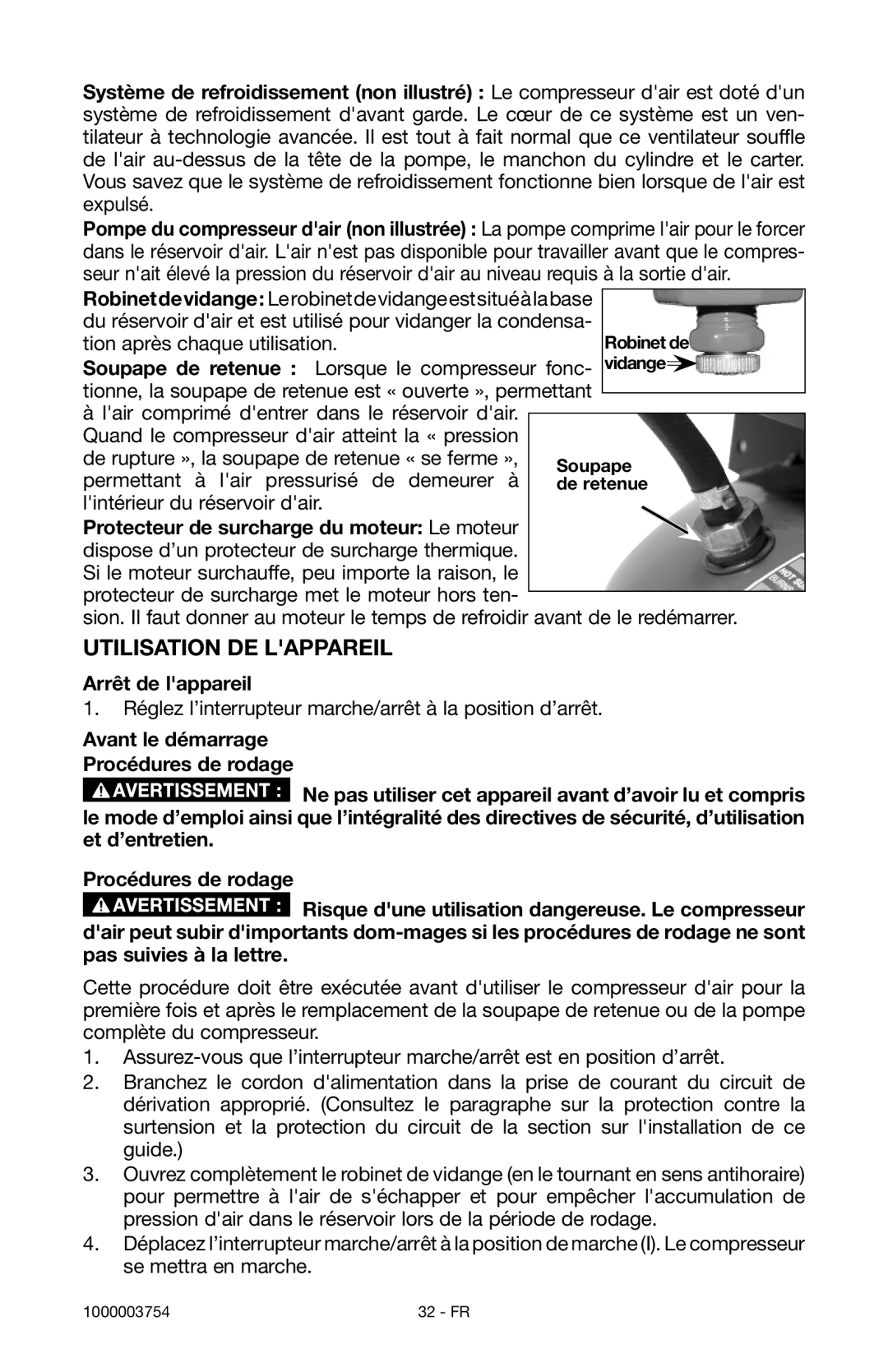 Porter-Cable 1000003754 instruction manual Utilisation DE Lappareil, Arrêt de lappareil 