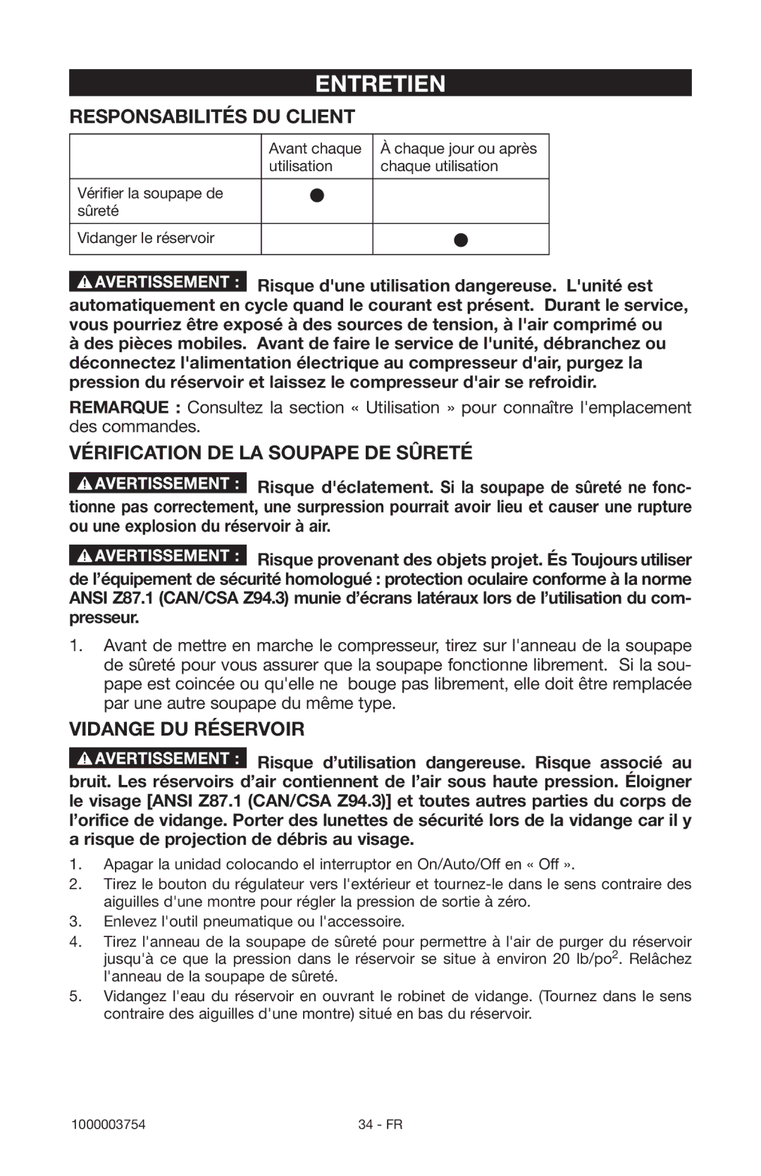 Porter-Cable 1000003754 Entretien, Responsabilités DU Client, Vérification DE LA Soupape DE Sûreté, Vidange DU Réservoir 