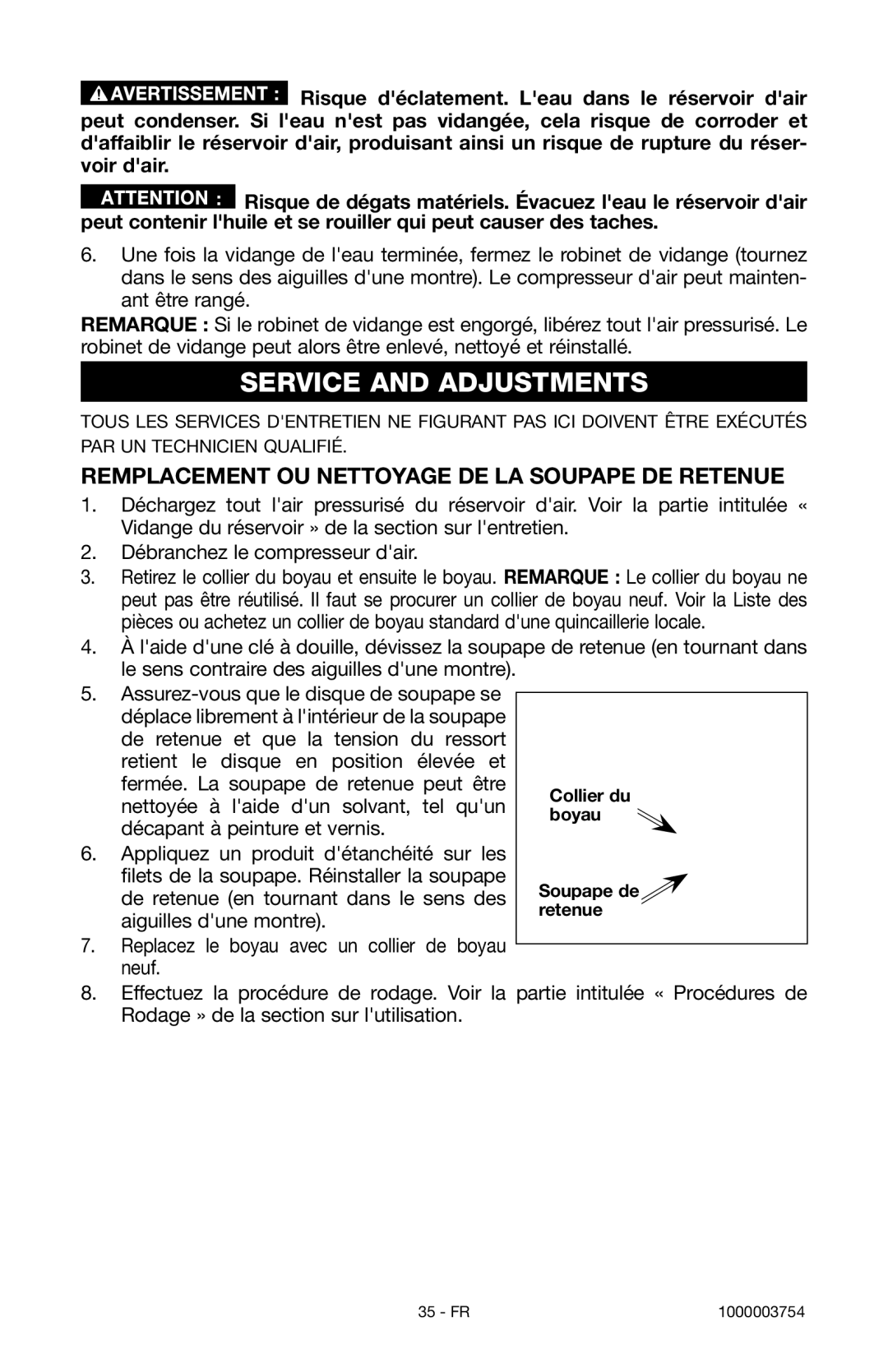 Porter-Cable 1000003754 instruction manual Service and Adjustments, Remplacement OU Nettoyage DE LA Soupape DE Retenue 