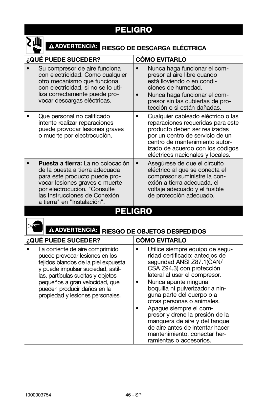 Porter-Cable 1000003754 instruction manual Riesgo DE Objetos Despedidos 