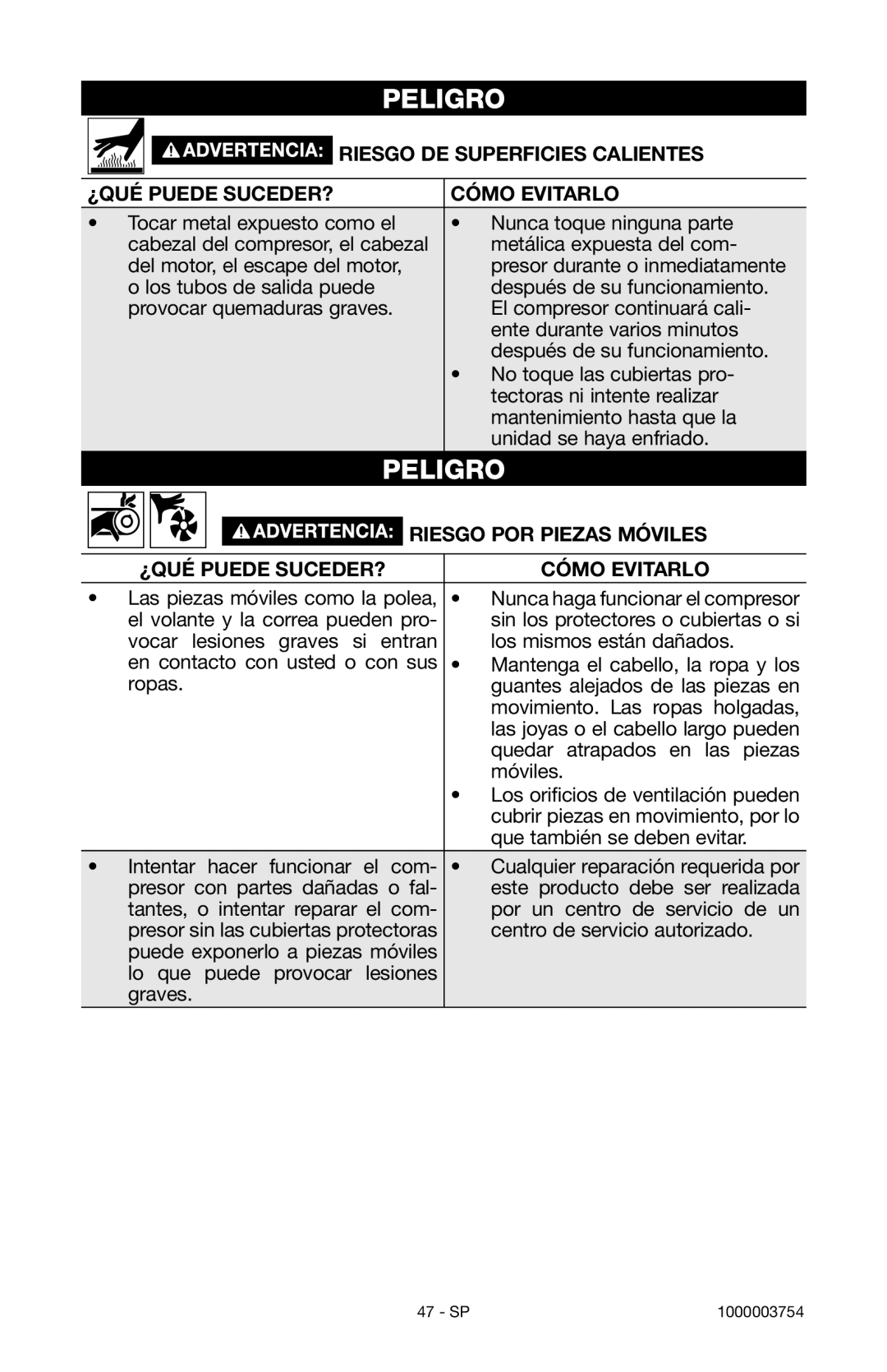 Porter-Cable 1000003754 instruction manual Riesgo POR Piezas Móviles 