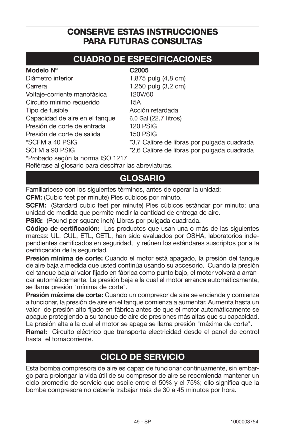 Porter-Cable 1000003754 instruction manual Cuadro DE Especificaciones, Glosario, Ciclo DE Servicio, Modelo Nº C2005 