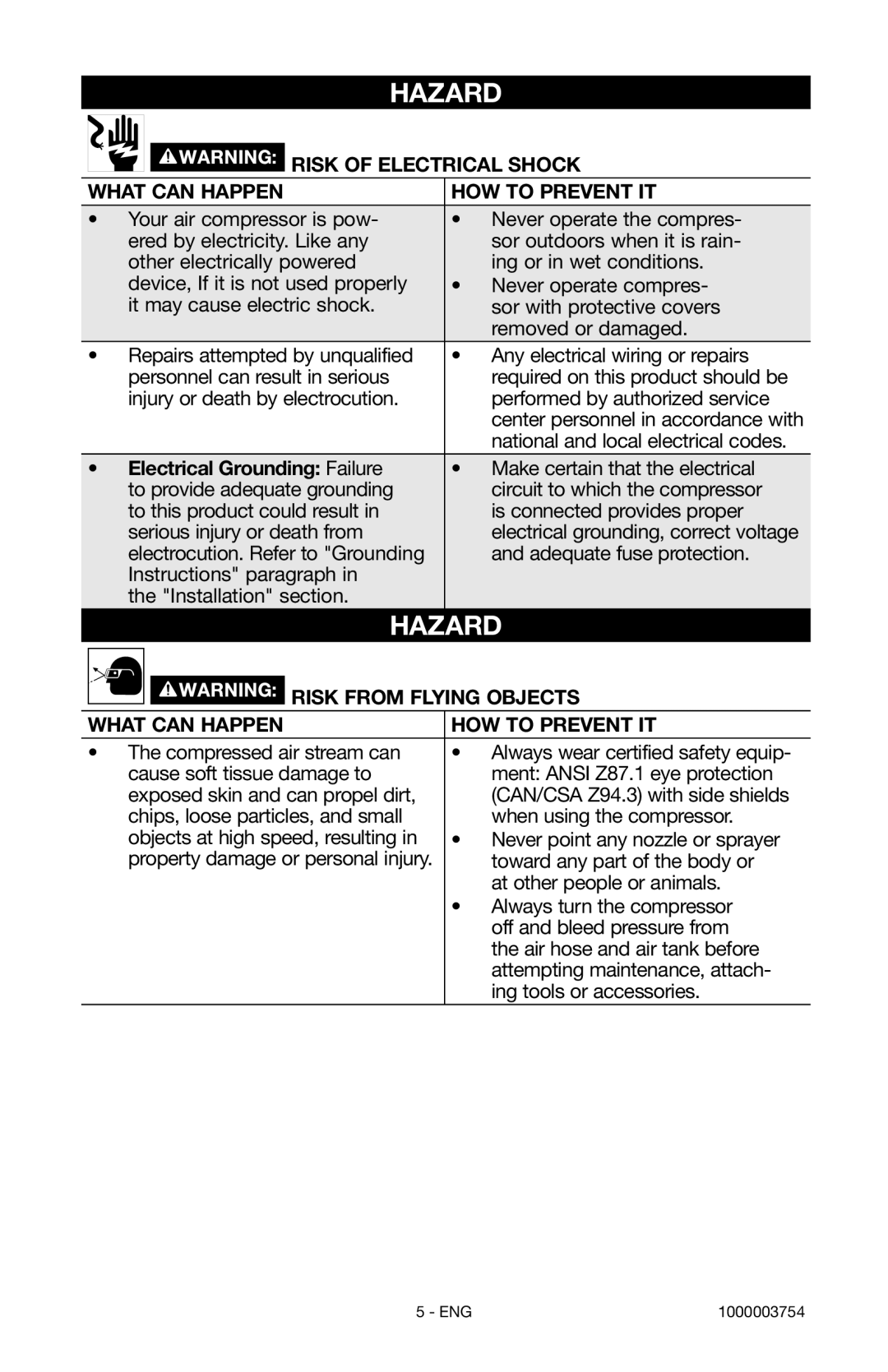 Porter-Cable 1000003754 instruction manual Risk of Electrical Shock, Electrical Grounding Failure, Risk from Flying Objects 