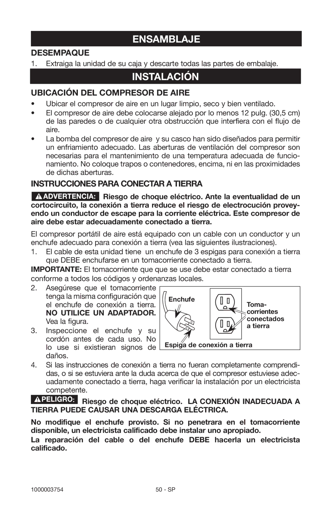 Porter-Cable 1000003754 instruction manual Ensamblaje, Instalación, Desempaque, Ubicación DEL Compresor DE Aire 