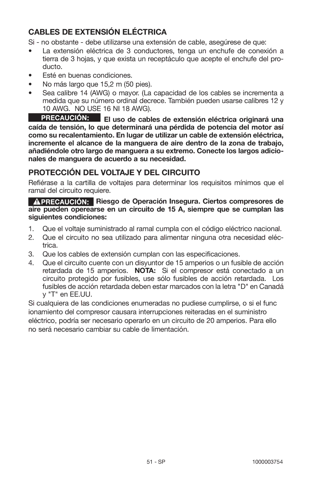 Porter-Cable 1000003754 instruction manual Cables DE Extensión Eléctrica, Protección DEL Voltaje Y DEL Circuito 