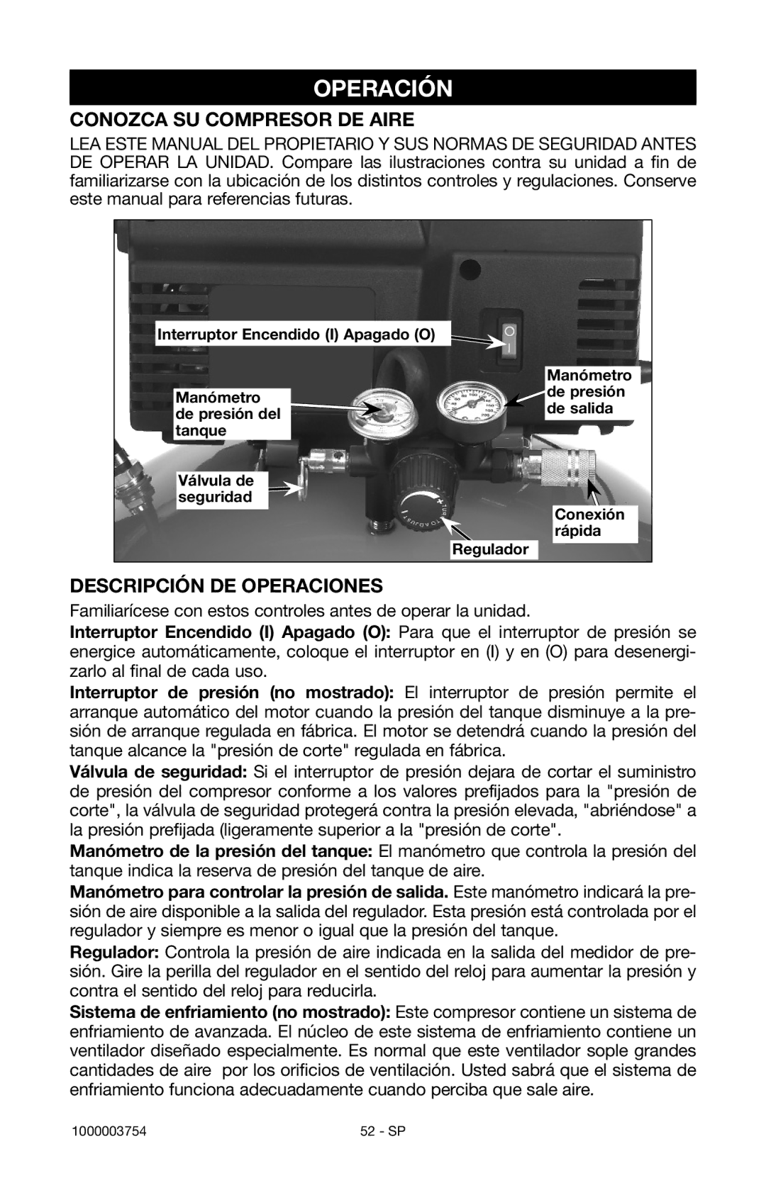 Porter-Cable 1000003754 instruction manual Operación, Conozca SU Compresor DE Aire, Descripción DE Operaciones 