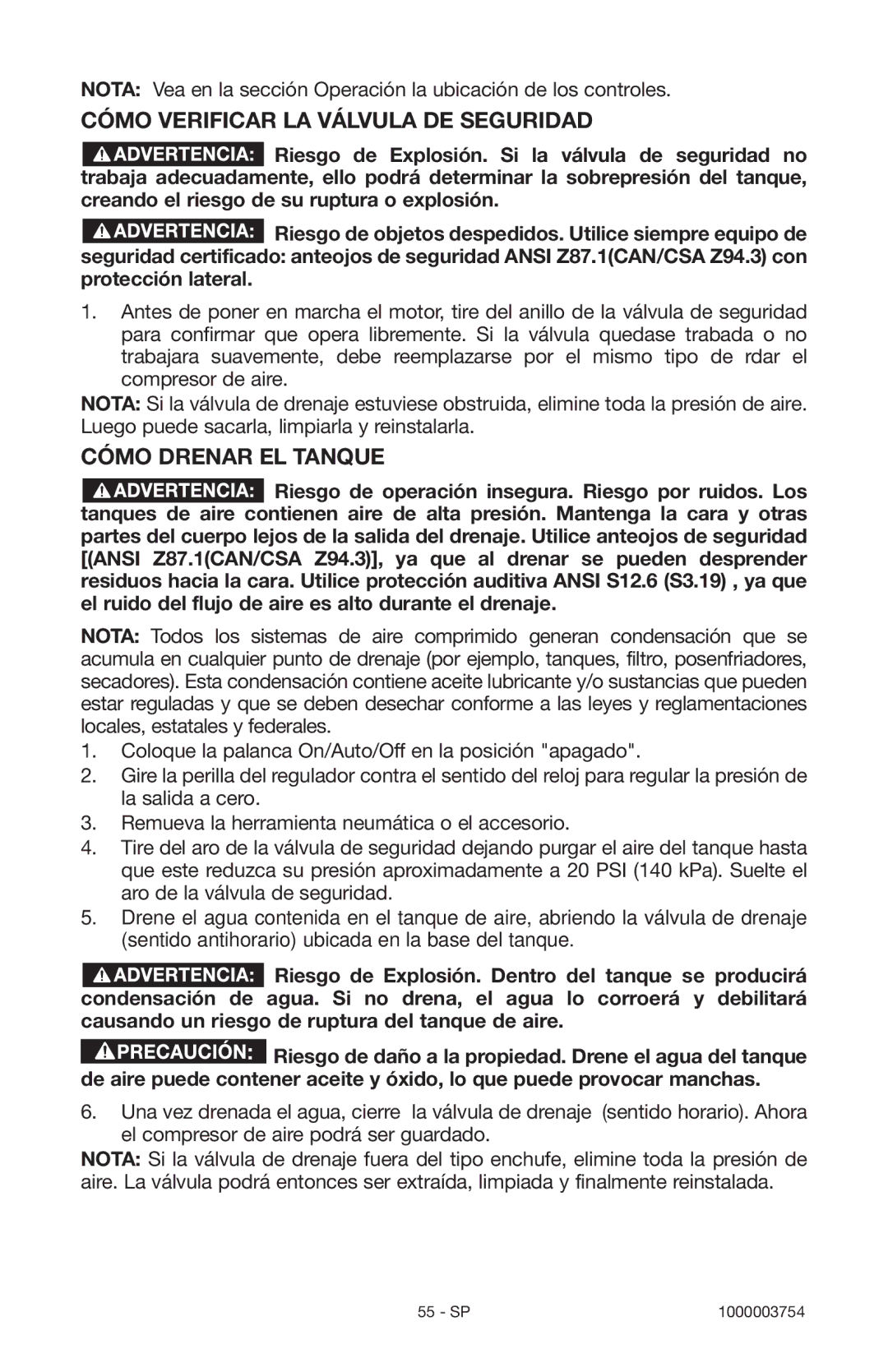 Porter-Cable 1000003754 instruction manual Cómo Verificar LA Válvula DE Seguridad, Cómo Drenar EL Tanque 