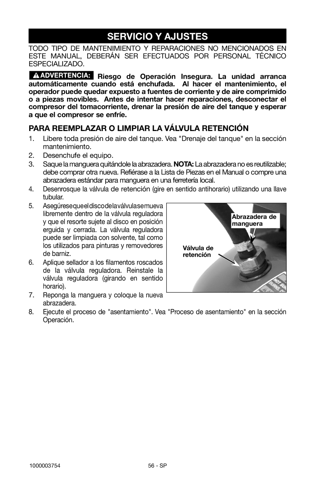 Porter-Cable 1000003754 instruction manual Servicio Y Ajustes, Para Reemplazar O Limpiar LA Válvula Retención 