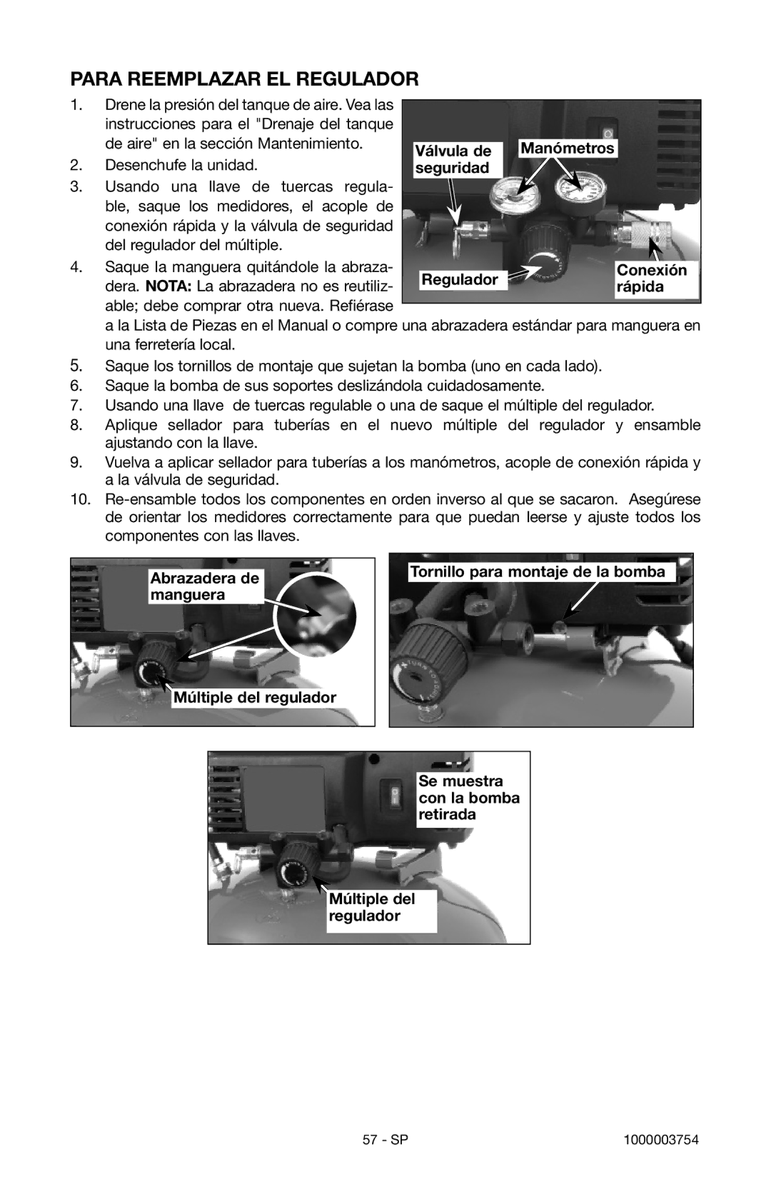 Porter-Cable 1000003754 instruction manual Para Reemplazar EL Regulador 