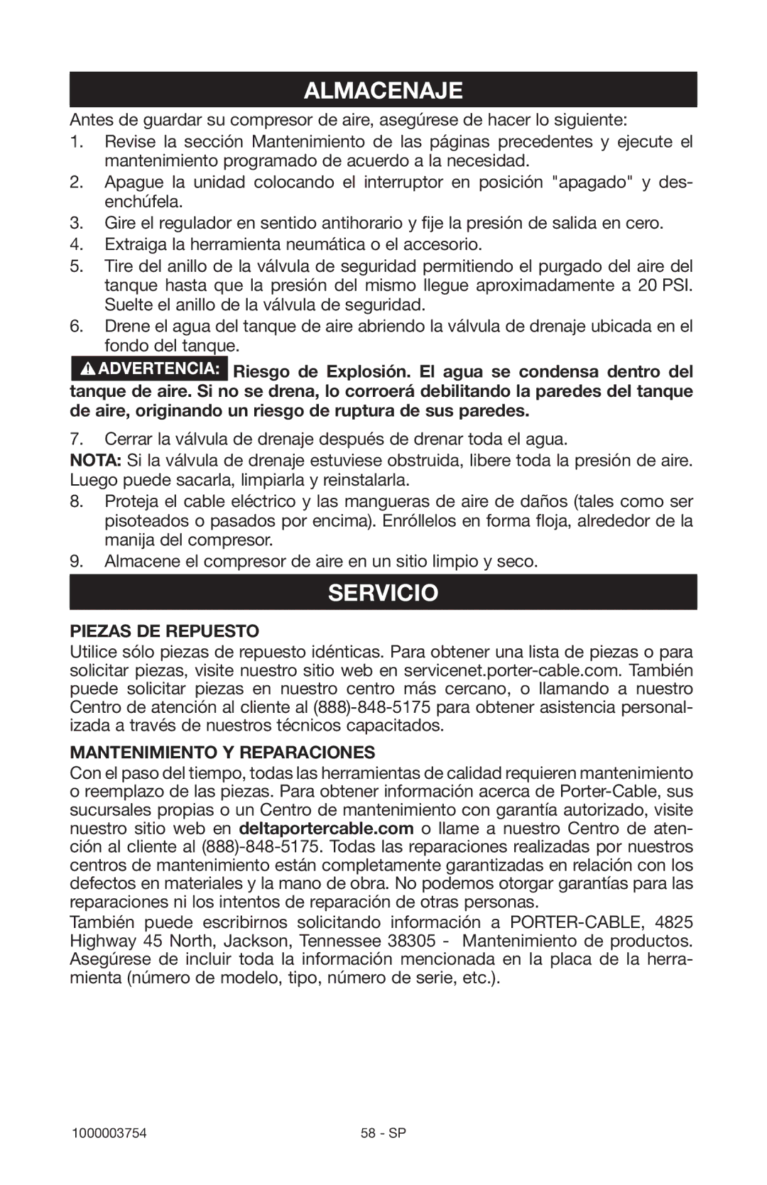 Porter-Cable 1000003754 instruction manual Almacenaje, Servicio, Piezas DE Repuesto, Mantenimiento Y Reparaciones 