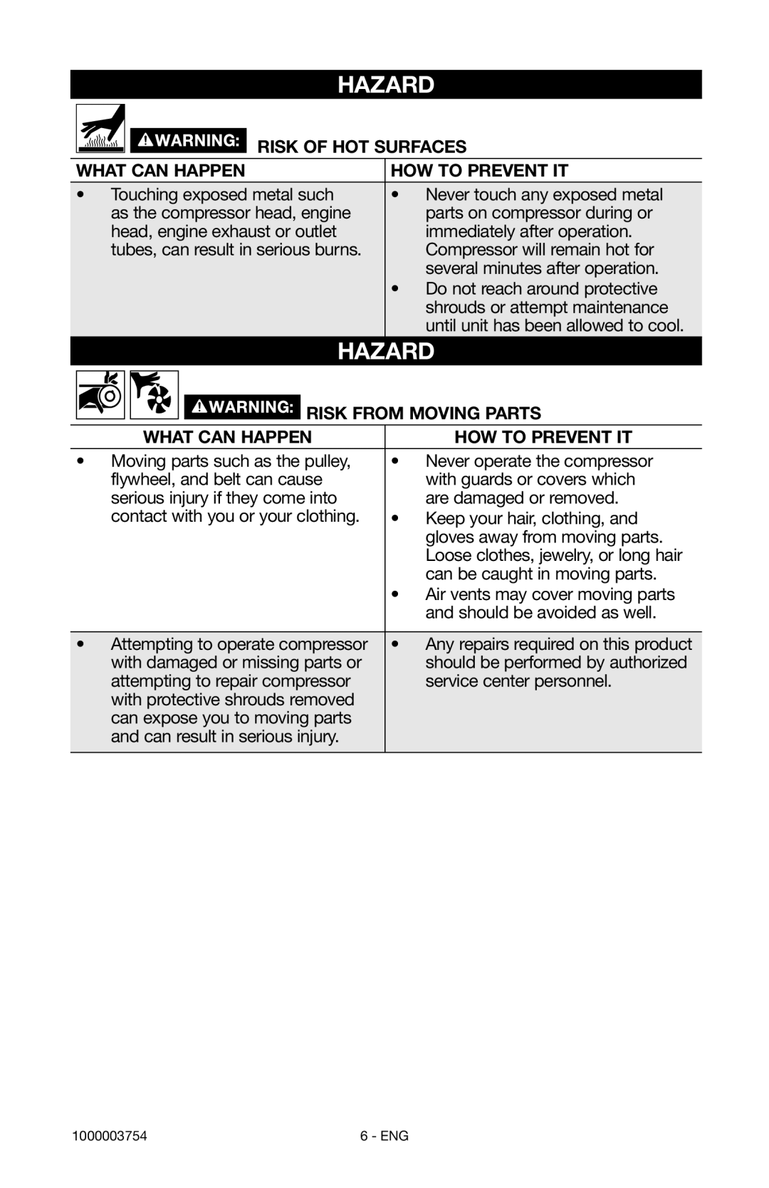 Porter-Cable 1000003754 instruction manual Risk of HOT Surfaces What can Happen HOW to Prevent IT, Risk from Moving Parts 