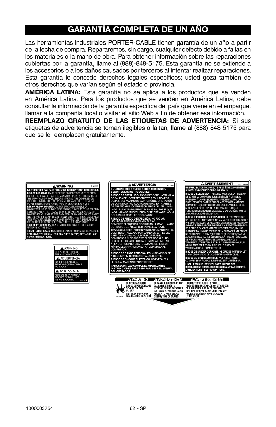 Porter-Cable 1000003754 instruction manual Garantía Completa DE UN AÑO 