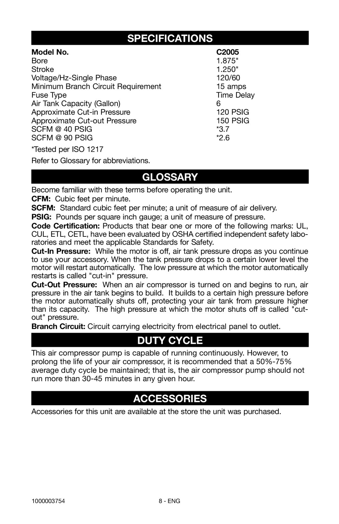 Porter-Cable 1000003754 instruction manual Specifications, Glossary, Duty Cycle, Accessories, Model No C2005 