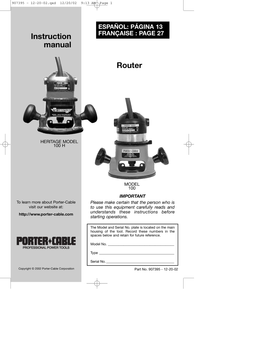 Porter-Cable 100H instruction manual Español Página Française, 100 H 