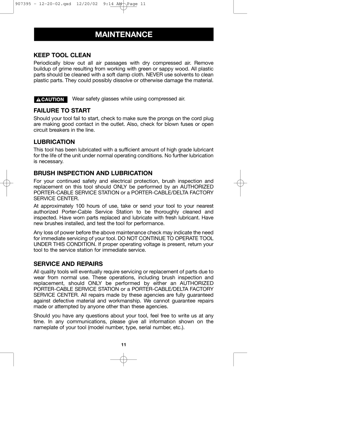 Porter-Cable 100H instruction manual Maintenance 