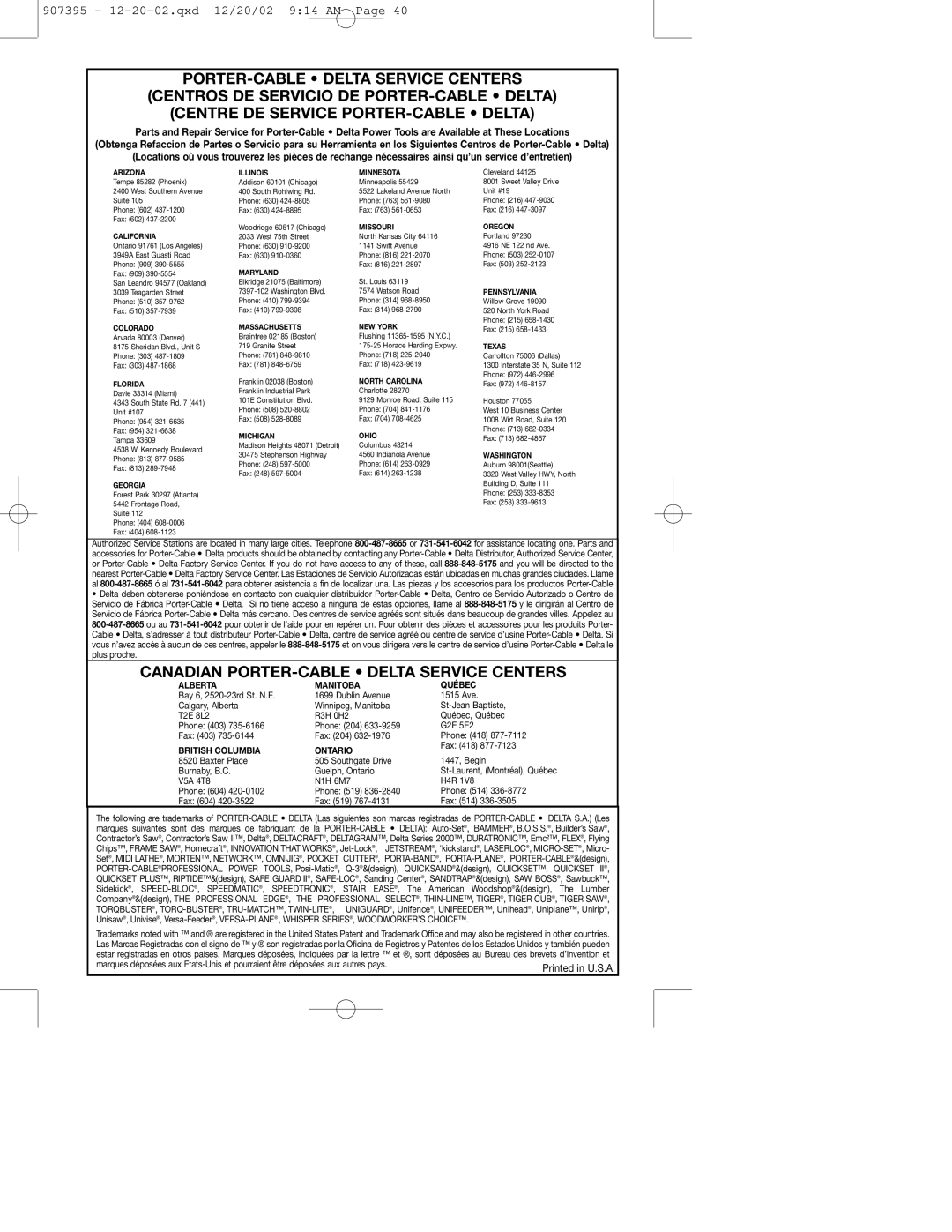 Porter-Cable 100H instruction manual Canadian PORTER-CABLE Delta Service Centers 