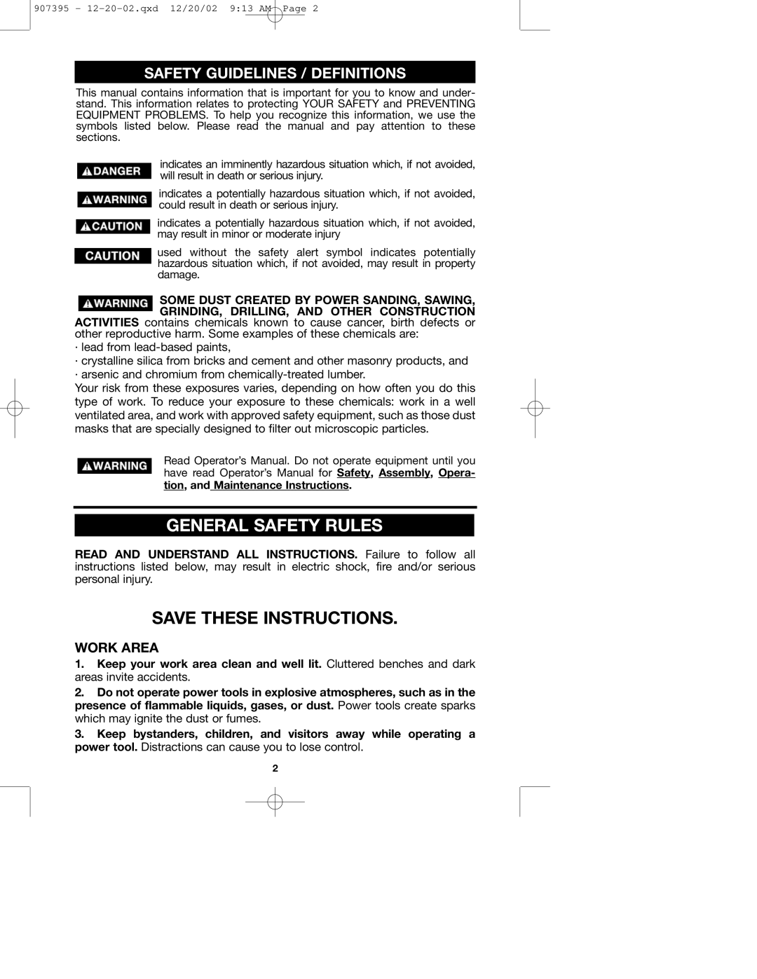 Porter-Cable 100H instruction manual General Safety Rules, Work Area 