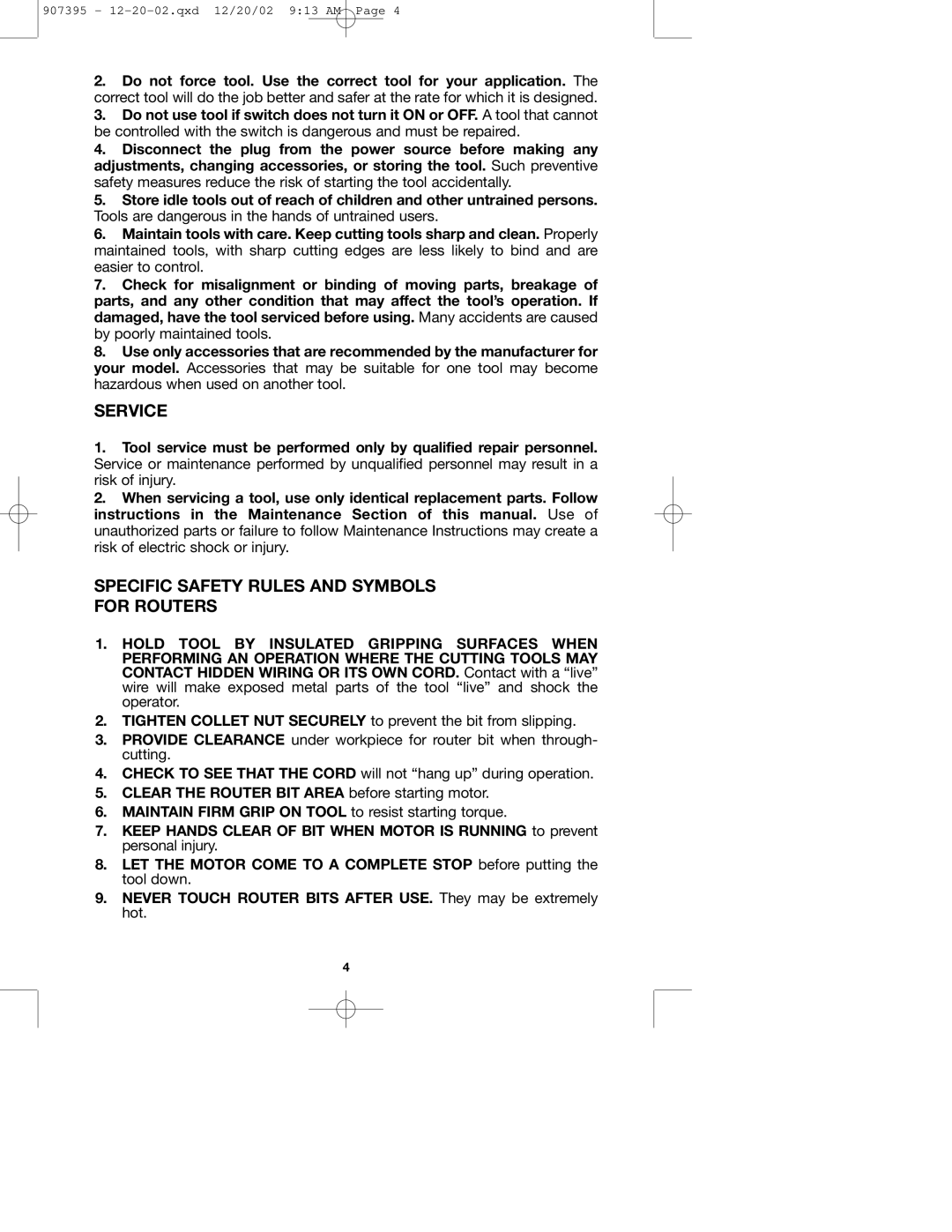 Porter-Cable 100H instruction manual Service, Specific Safety Rules and Symbols For Routers 