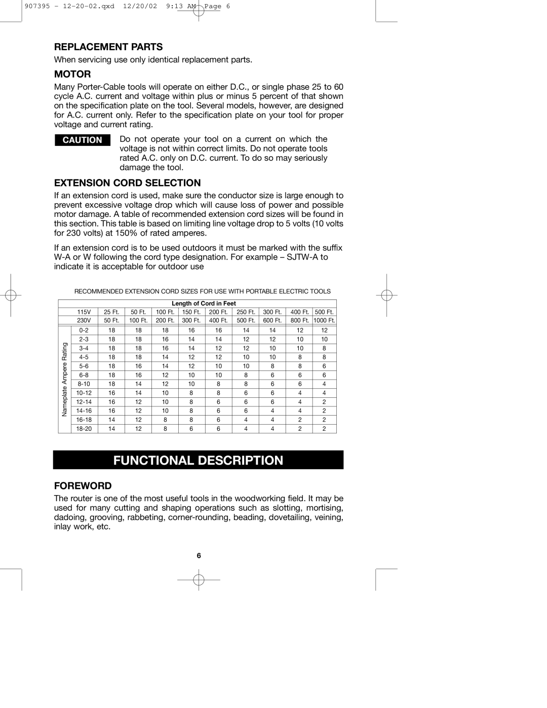 Porter-Cable 100H instruction manual Functional Description, Replacement Parts, Motor, Extension Cord Selection, Foreword 