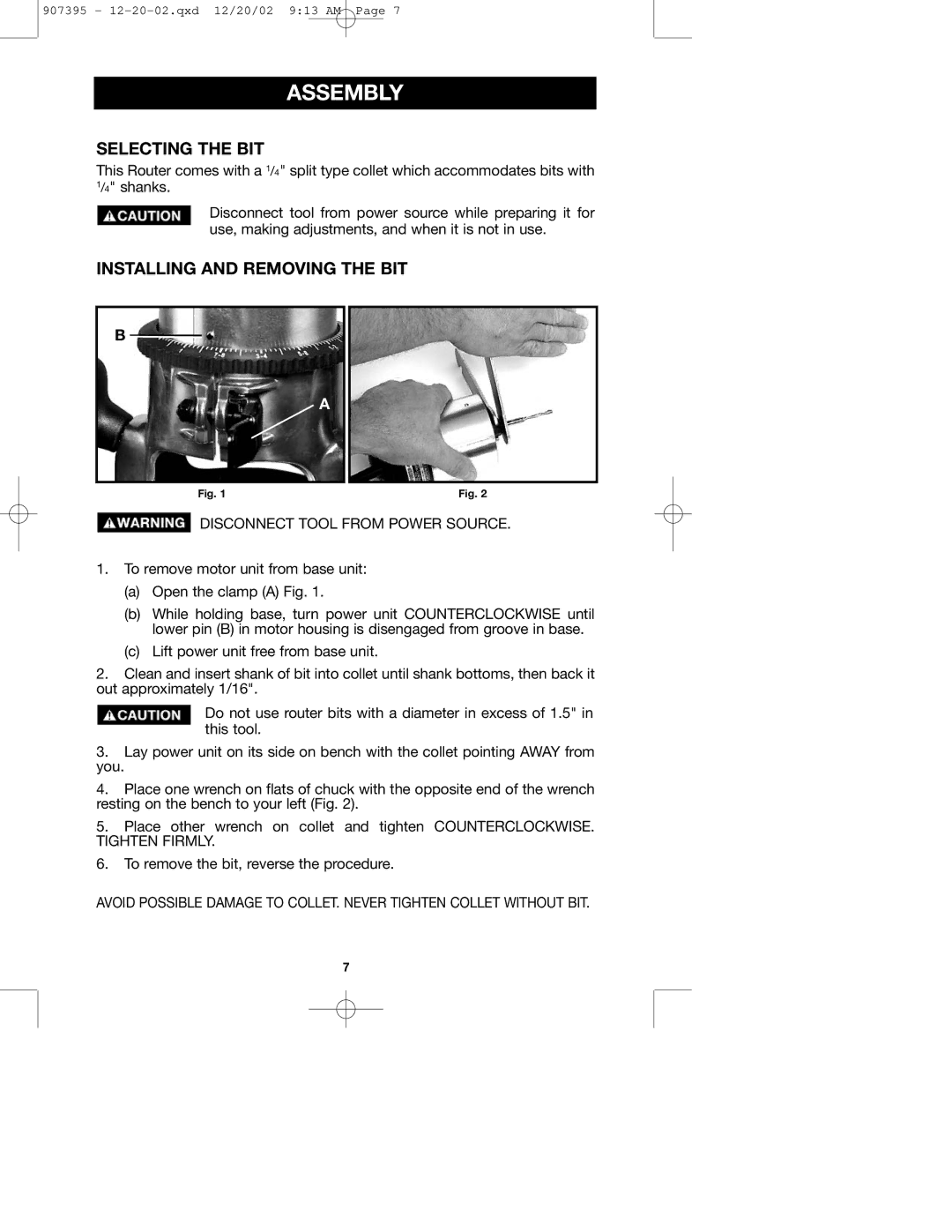 Porter-Cable 100H instruction manual Assembly, Selecting the BIT, Installing and Removing the BIT 