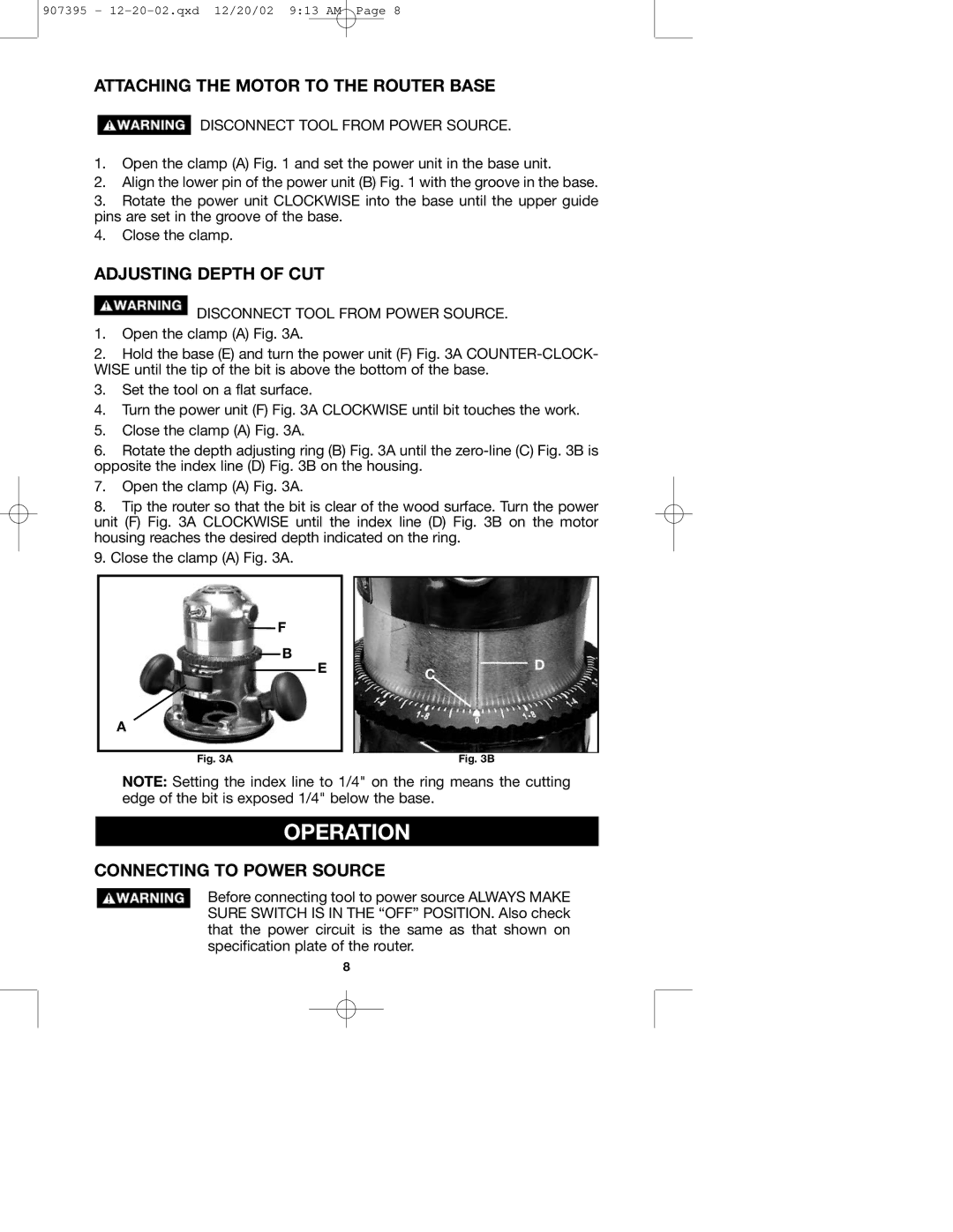 Porter-Cable 100H Operation, Attaching the Motor to the Router Base, Adjusting Depth of CUT, Connecting to Power Source 