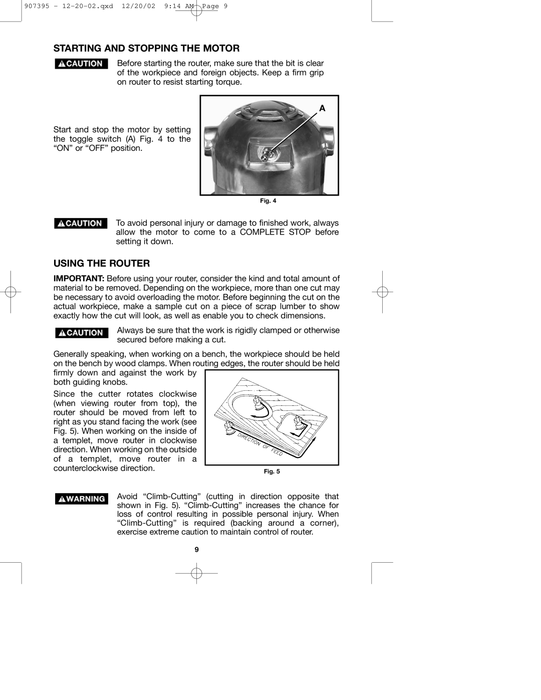 Porter-Cable 100H instruction manual Starting and Stopping the Motor, Using the Router 