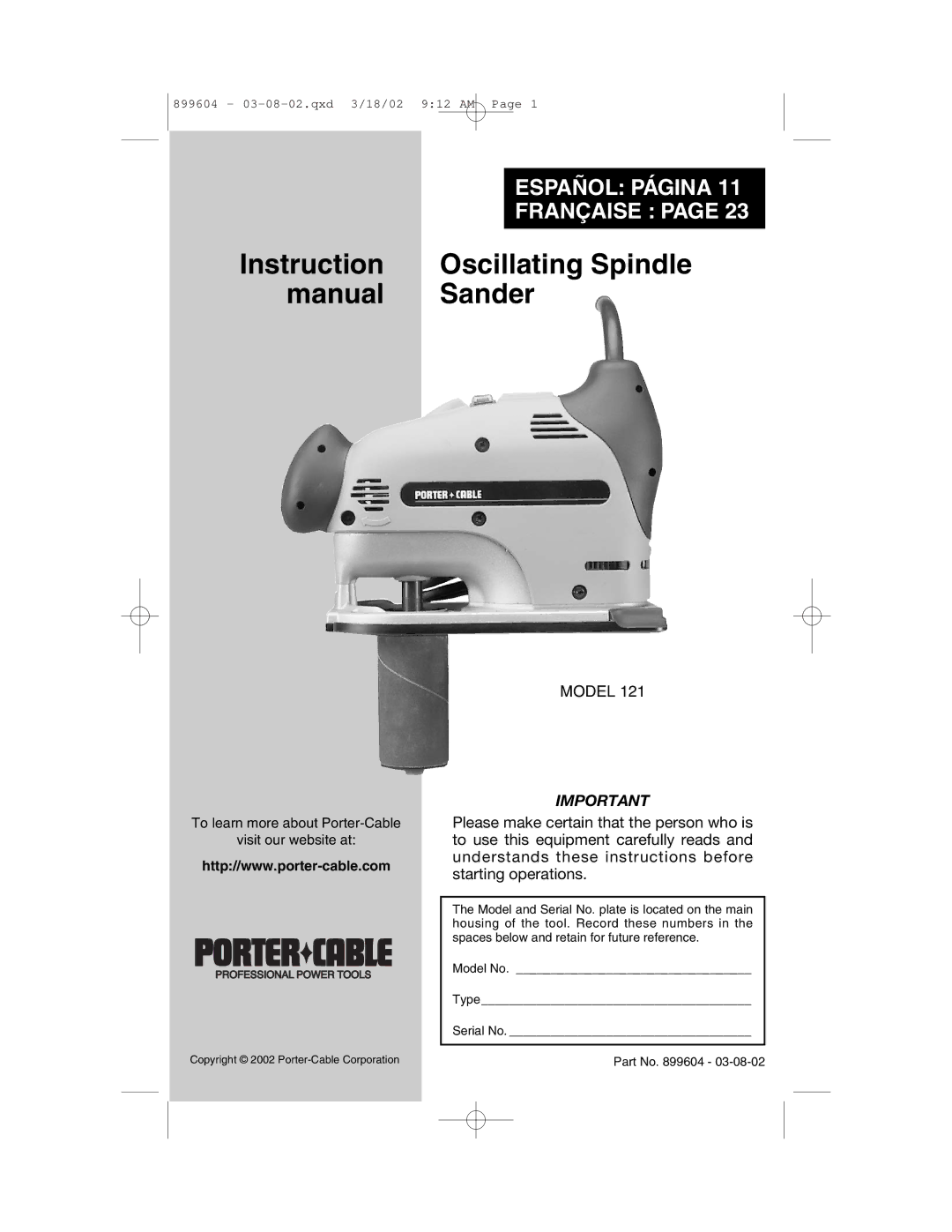 Porter-Cable 121 instruction manual Instruction Oscillating Spindle manual Sander 