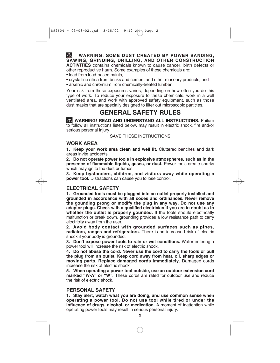 Porter-Cable 121 instruction manual General Safety Rules, Work Area, Electrical Safety, Personal Safety 