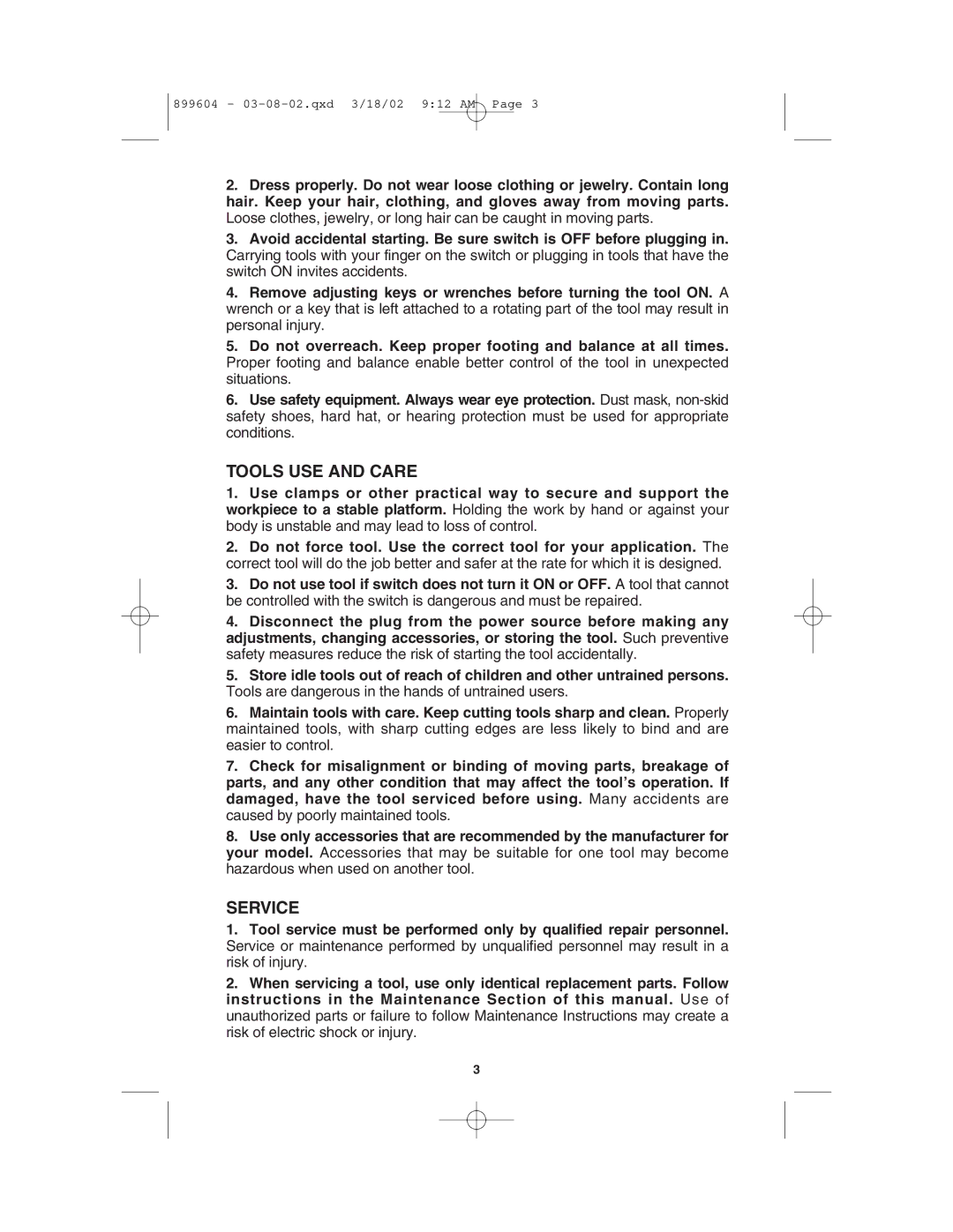 Porter-Cable 121 instruction manual Tools USE and Care, Service 