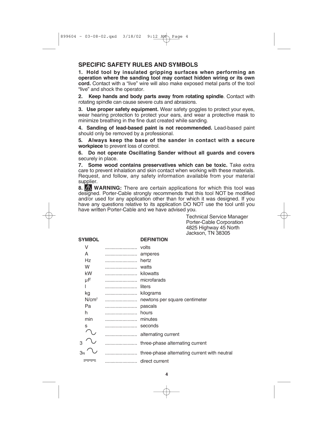 Porter-Cable 121 instruction manual Specific Safety Rules and Symbols, Jackson, TN 