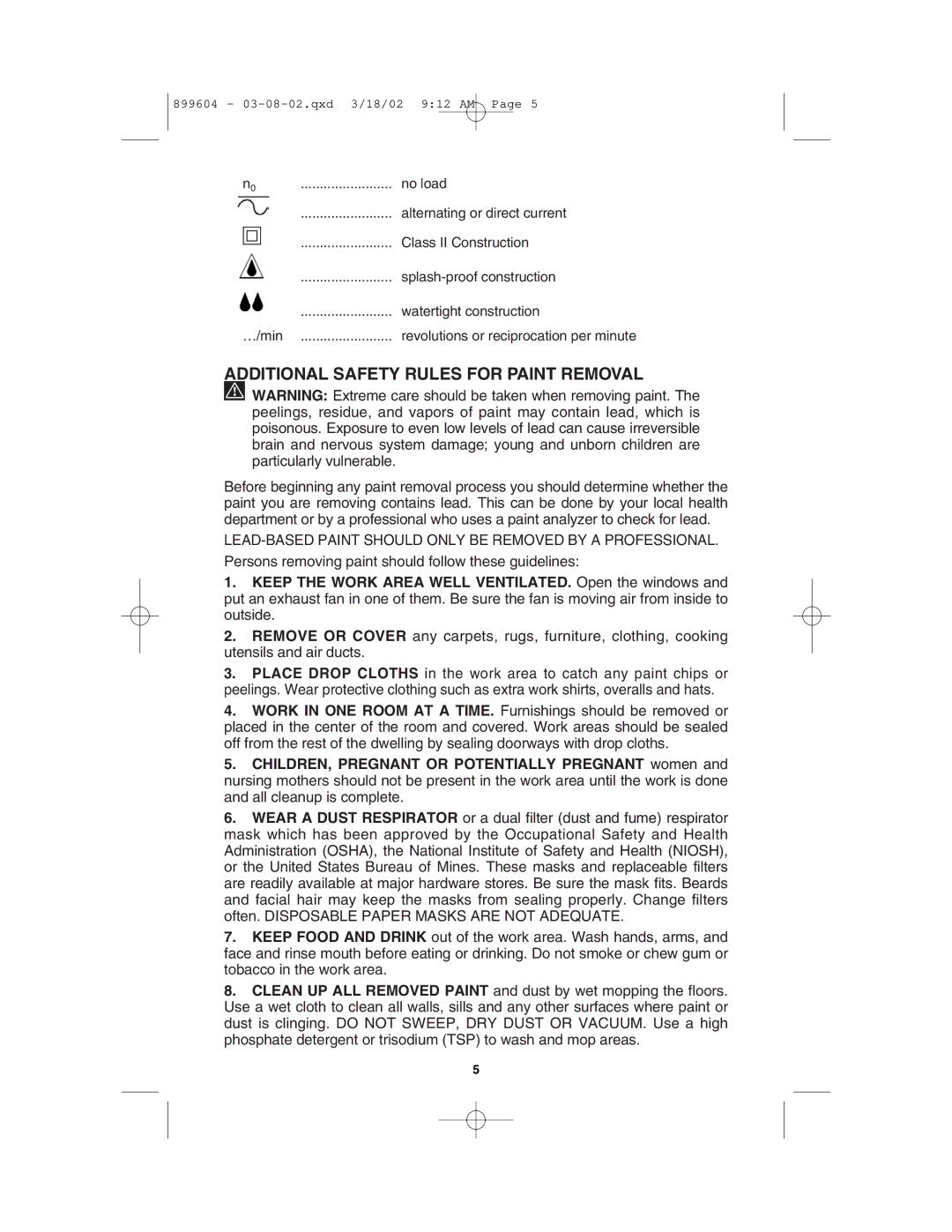 Porter-Cable 121 instruction manual Additional Safety Rules for Paint Removal 