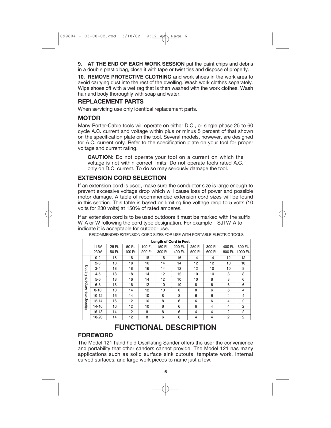 Porter-Cable 121 instruction manual Functional Description, Foreword 