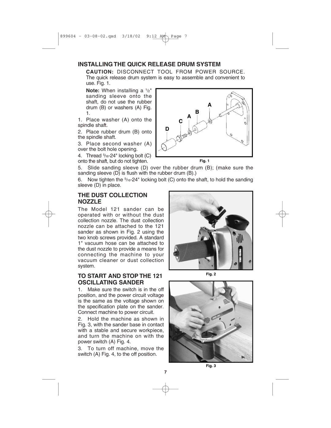 Porter-Cable 121 Installing the Quick Release Drum System, Dust Collection Nozzle, To Start and Stop Oscillating Sander 