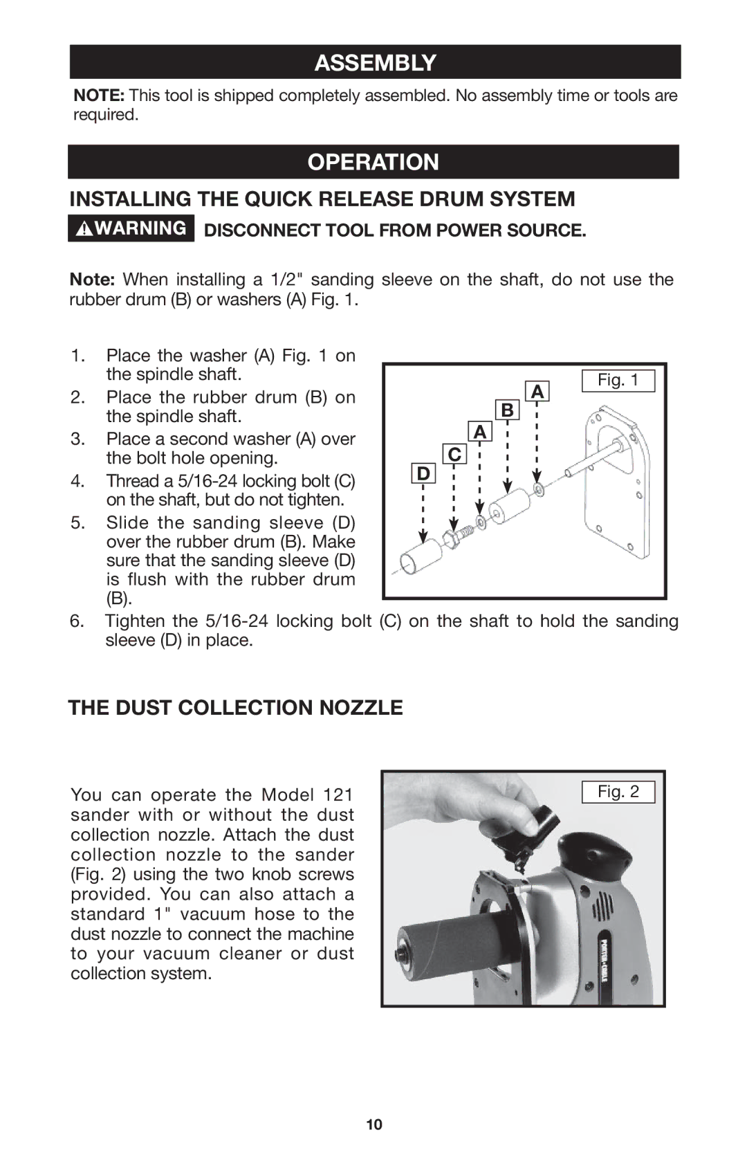 Porter-Cable 121 instruction manual Assembly Operation, Installing the Quick Release Drum System, Dust Collection Nozzle 