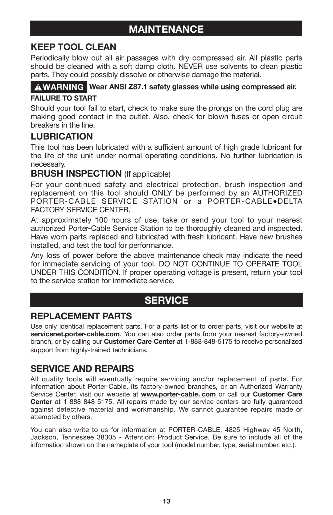 Porter-Cable 121 instruction manual Maintenance, Service 