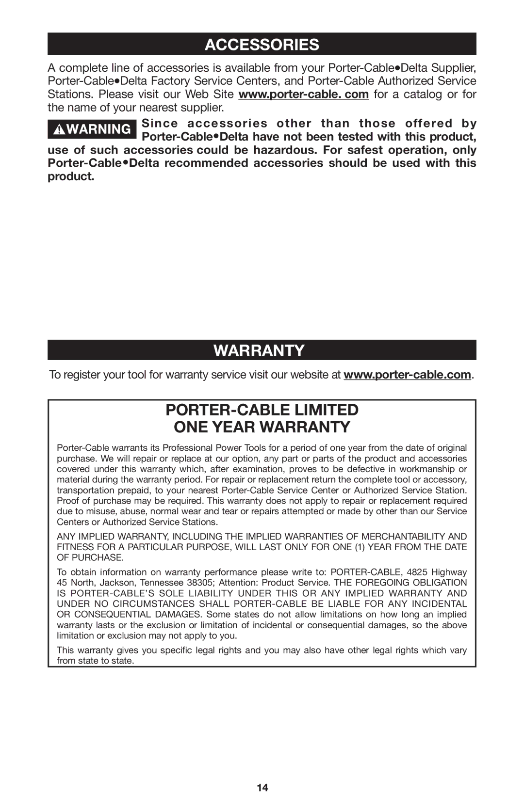 Porter-Cable 121 instruction manual Accessories, Warranty 