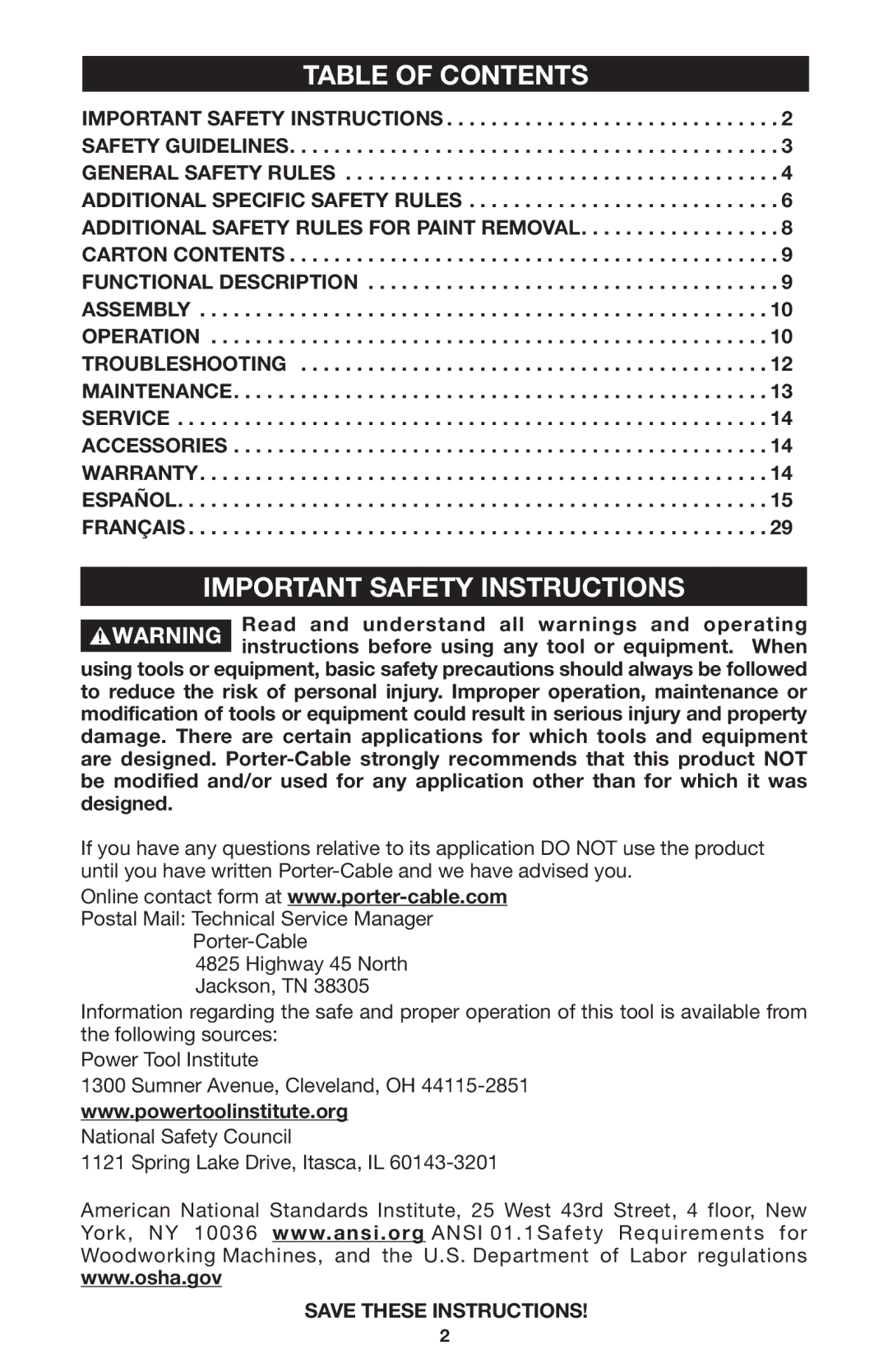 Porter-Cable 121 instruction manual Table of Contents, Important Safety Instructions 