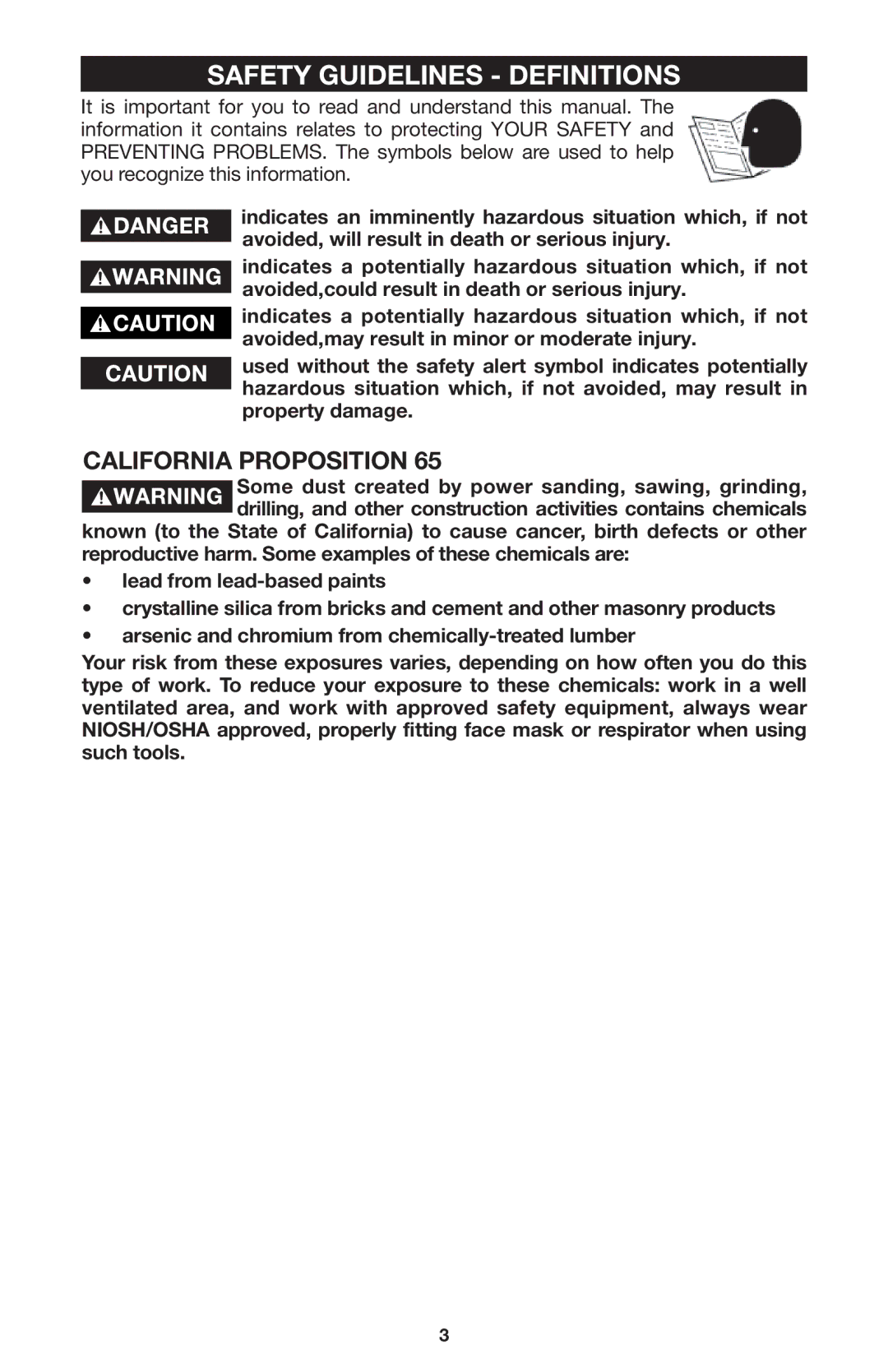 Porter-Cable 121 instruction manual Safety Guidelines Definitions, California Proposition 