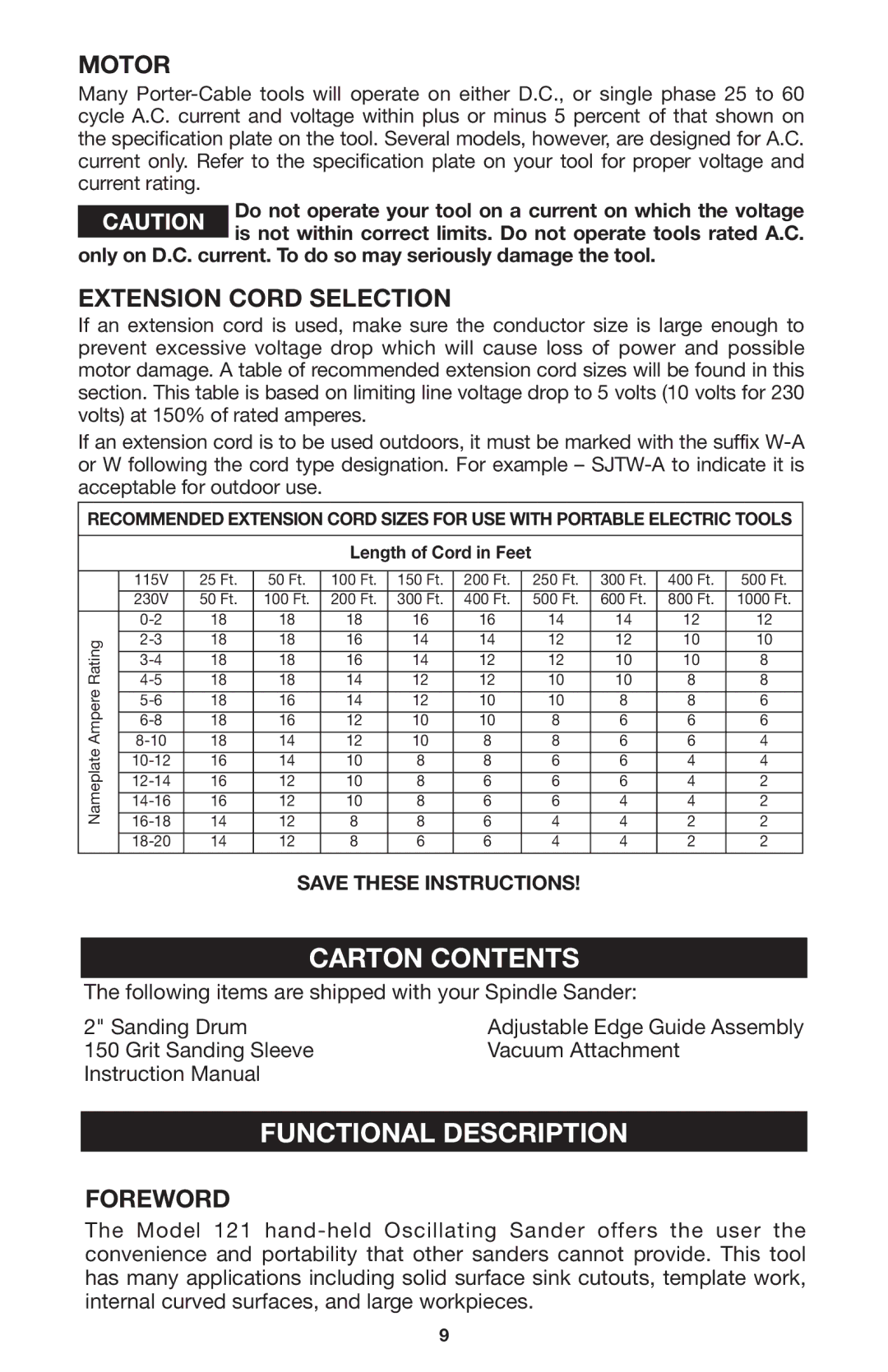 Porter-Cable 121 instruction manual Carton Contents, Functional Description 