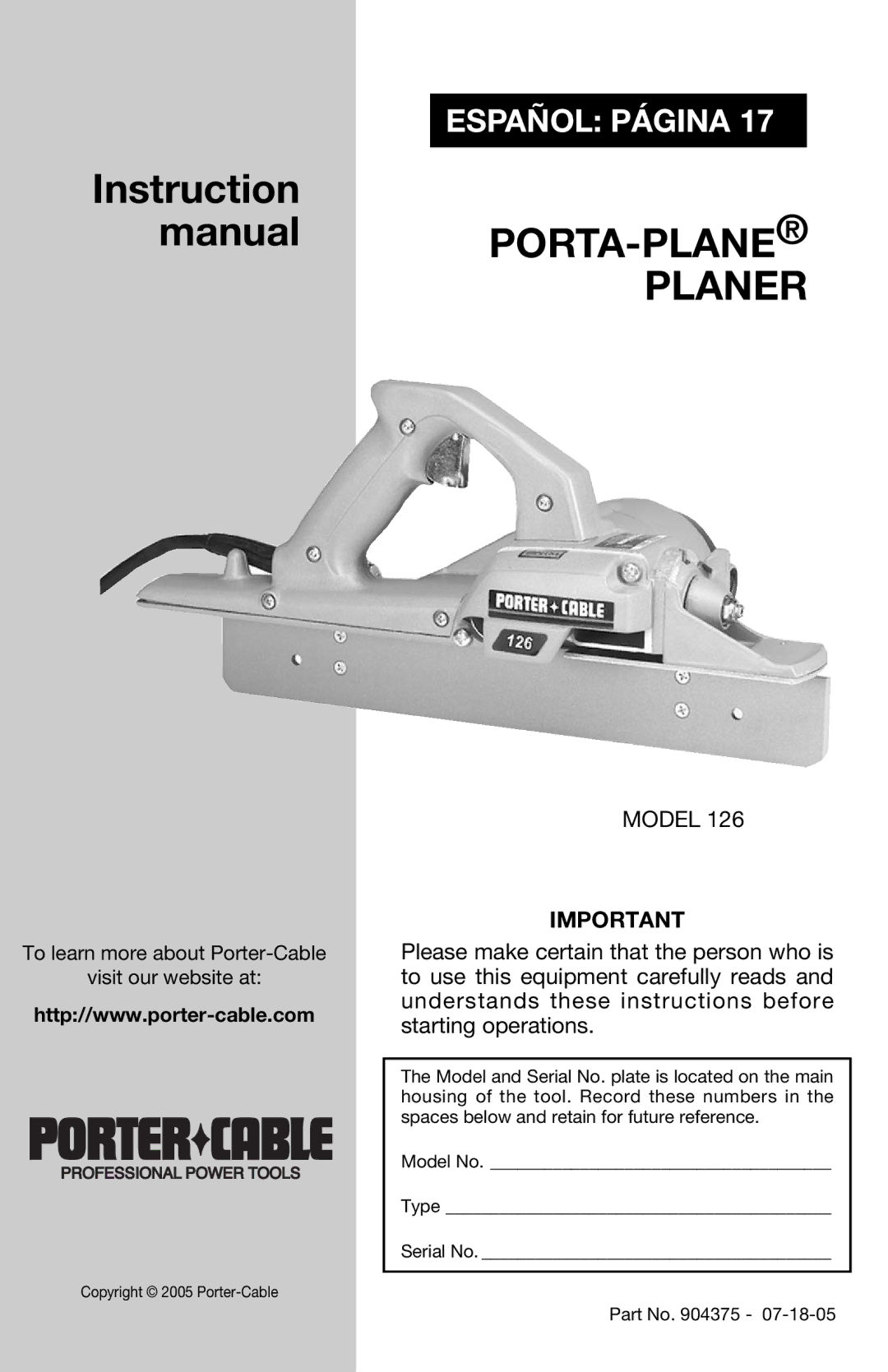 Porter-Cable 126 instruction manual Planer 