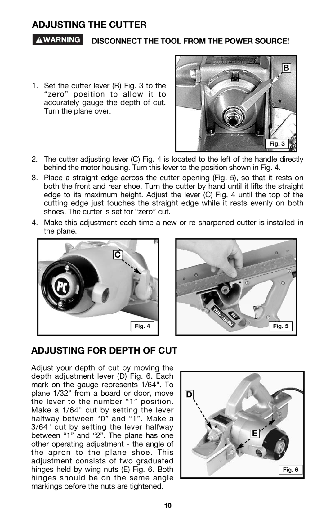 Porter-Cable 126 instruction manual Adjusting the Cutter, Adjusting for Depth of CUT 