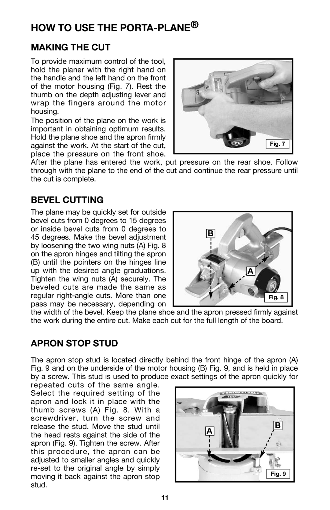 Porter-Cable 126 instruction manual Making the CUT, Bevel Cutting, Apron Stop Stud 