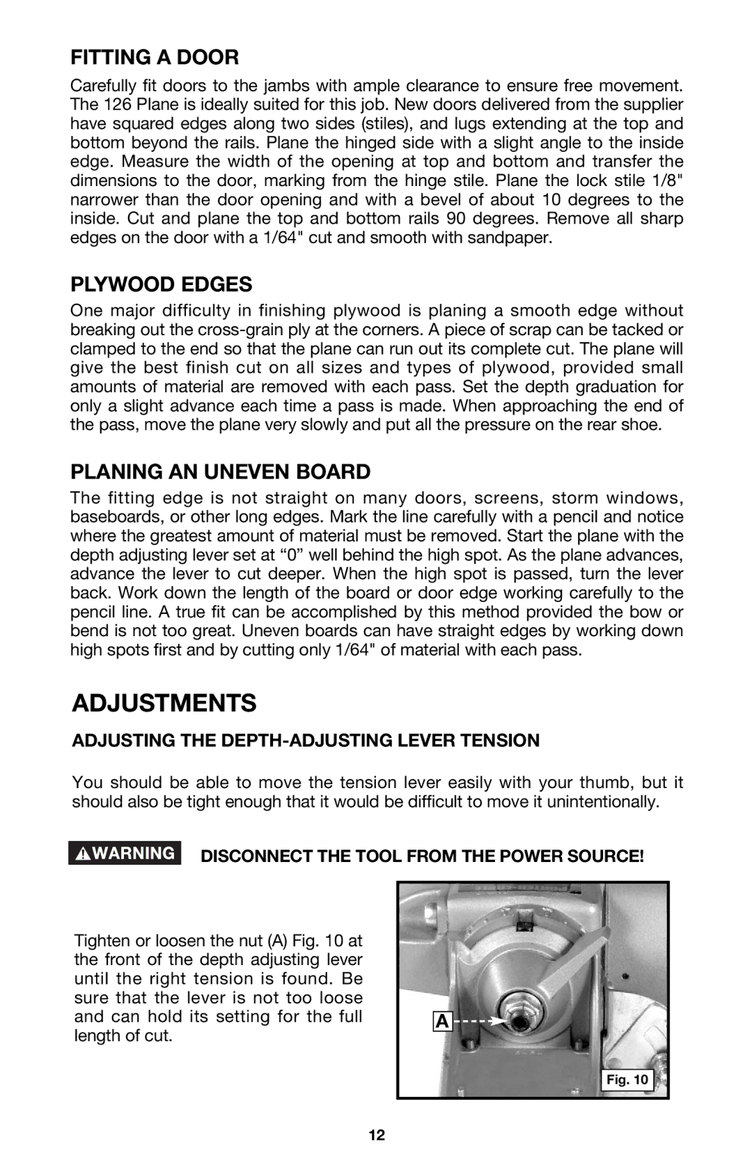 Porter-Cable 126 instruction manual Fitting a Door, Plywood Edges, Planing AN Uneven Board 