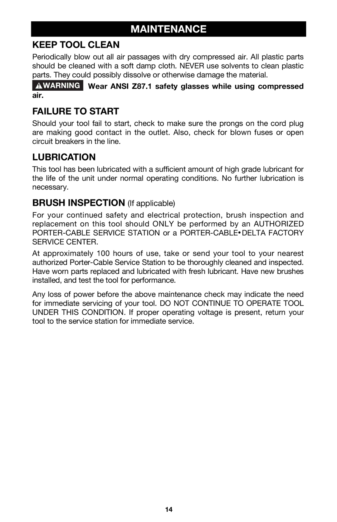 Porter-Cable 126 instruction manual Maintenance, Keep Tool Clean, Failure to Start, Lubrication 