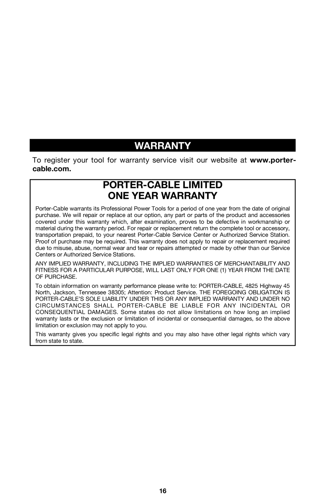 Porter-Cable 126 instruction manual PORTER-CABLE Limited ONE Year Warranty 