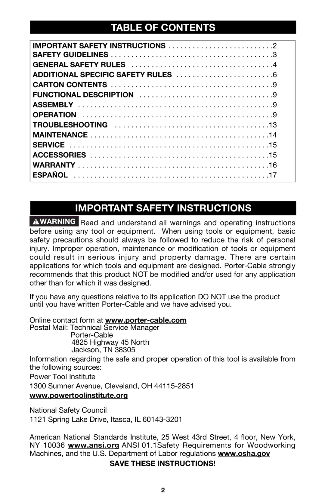 Porter-Cable 126 instruction manual Table of Contents, Important Safety Instructions 